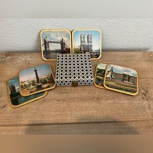 Vintage Set 6 Coasters Iconic London Landmarks Gold Trim Decorative Box Holder
